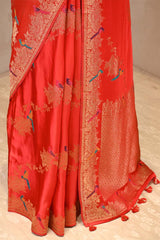 Crimson Red Semi Satin Silk Saree with Golden Floral Vines and Parrot Motifs