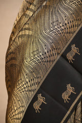 Black Viscose Saree with Golden Wave Texture And Pichwai Border