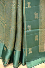 Rama Green Viscose Saree with Golden Wave Texture And Pichwai Border