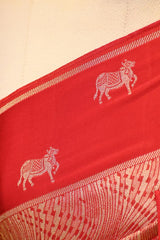 Red Viscose Saree with Gold Wave Texture And Pichwai Border