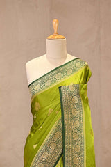 Peridot Green Semi Satin Silk Saree With Contrast Border & Pallu