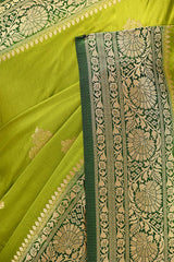 Peridot Green Semi Satin Silk Saree With Contrast Border & Pallu