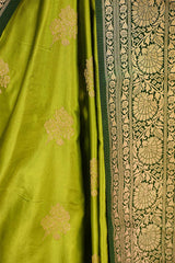 Peridot Green Semi Satin Silk Saree With Contrast Border & Pallu