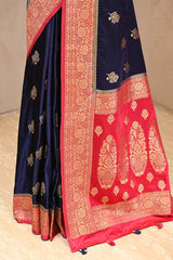Dark Blue Semi Satin Silk Saree with Red Contrast Pallu