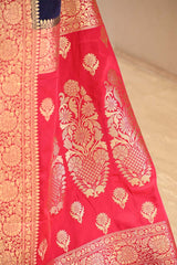 Dark Blue Semi Satin Silk Saree with Red Contrast Pallu