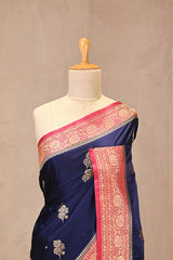 Dark Blue Semi Satin Silk Saree with Red Contrast Pallu