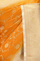 Turmeric Yellow Semi-satin Saree With Gold Zari Floral Jaal