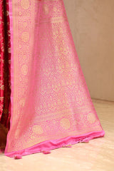Rani Pink Semi-satin Saree with Gold Zari Floral Jaal