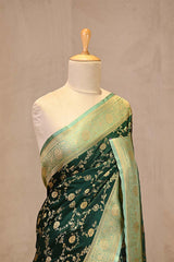 Bottle Green Semi-satin Saree With Gold zari Floral Jaal