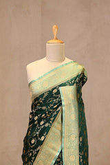 Bottle Green Semi-satin Saree With Gold zari Floral Jaal