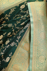 Bottle Green Semi-satin Saree With Gold zari Floral Jaal