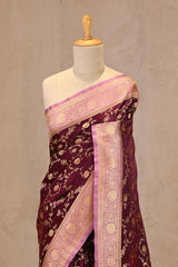 Wine Semi-satin Silk Saree with Gold Zari Floral Jaal