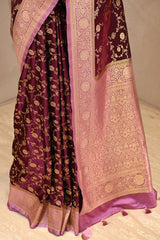 Wine Semi-satin Silk Saree with Gold Zari Floral Jaal