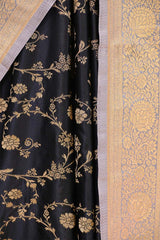 Midnight Blue Semi-satin Silk Saree with Gold Zari Floral Jaal