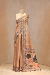 Close up of Golden Beige Semi Tussar Silk Saree showing zari woven checkered pattern on the body and contrasting digital printed Ikkat border.