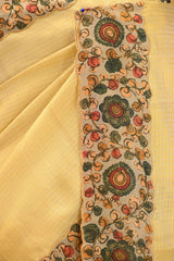 Yellow kota Check Saree with Kalamkari Printed Border & Pallu
