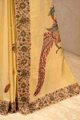 Yellow kota Check Saree with Kalamkari Printed Border & Pallu