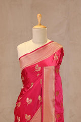 Magenta Pink Semi Satin Silk Saree with Bird Motif Gold Zari Weaving