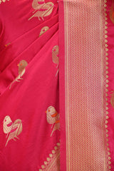 Magenta Pink Semi Satin Silk Saree with Bird Motif Gold Zari Weaving