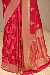Magenta Pink Semi Satin Silk Saree with Bird Motif Gold Zari Weaving