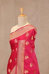 Magenta Pink Semi Satin Silk Saree with Bird Motif Gold Zari Weaving