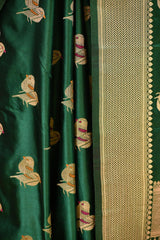 Green Semi Satin Silk Saree with Bird Motif Gold Zari Weaving