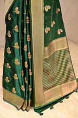 Green Semi Satin Silk Saree with Bird Motif Gold Zari Weaving