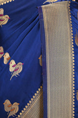 Royal Blue Semi Satin Silk Saree with Bird Motif Gold Zari Weaving