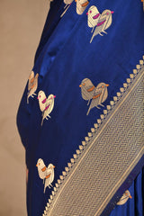 Royal Blue Semi Satin Silk Saree with Bird Motif Gold Zari Weaving