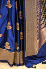 Royal Blue Semi Satin Silk Saree with Bird Motif Gold Zari Weaving