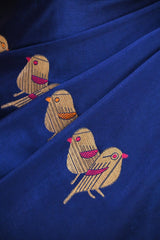 Royal Blue Semi Satin Silk Saree with Bird Motif Gold Zari Weaving