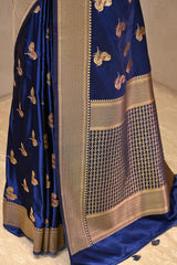 Royal Blue Semi Satin Silk Saree with Bird Motif Gold Zari Weaving