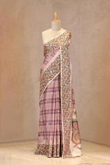 Close up of Pink Semi-Silk Saree showing shaded checkered body, scattered water gold zari butis, and Kalamkari printed border.