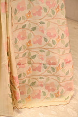 Beige Semi-Tussar Saree with Multicolour Floral Embroidery