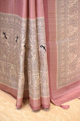 Nude Pink Semi Tussar Saree with Madhubani Printed Border and Pallu