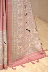 Nude Pink Semi Tussar Saree with Madhubani Printed Border and Pallu
