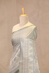 Sage Green Semi Tusser Saree with Madhubani Printed Border