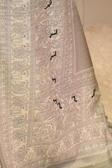 Sage Green Semi Tusser Saree with Madhubani Printed Border