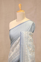 Powder Blue Semi Tusser Saree with Madhubani Printed Border