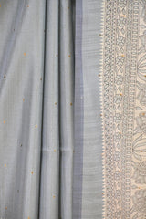 Powder Blue Semi Tusser Saree with Madhubani Printed Border
