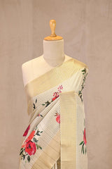 Off-White Semi-Tussar Saree with Digital Floral Prints