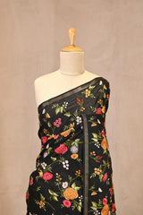 Black Semi-Tussar Saree with Multicolour Floral Embroidery