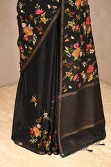 Black Semi-Tussar Saree with Multicolour Floral Embroidery