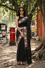 Black Semi Tusser Saree with Zari stripes and Floral Embroidered Border