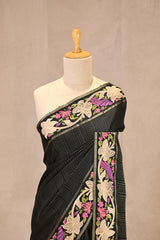 Black Semi Tusser Saree with Zari stripes and Floral Embroidered Border
