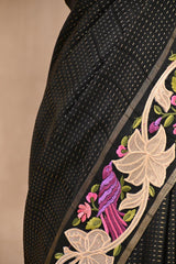 Black Semi Tusser Saree with Zari stripes and Floral Embroidered Border