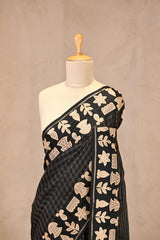 Black Semi-Tussar Silk Saree with Gold zari woven checks