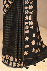 Black Semi-Tussar Silk Saree with Gold zari woven checks
