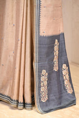 Classic Beige Semi-Tussar Saree with Floral Embroidery