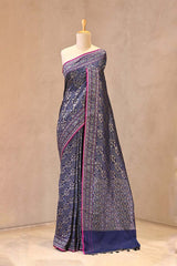 Navy Blue Jamdani Semi Silk Saree with Floral Jaal